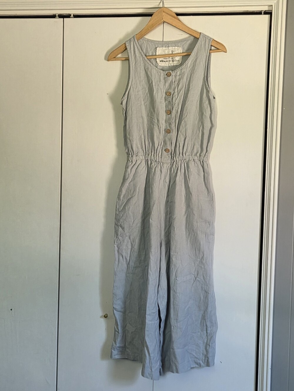 notPERFECTLINEN Light Blue Sleeveless Button-Front Linen Jumpsuit